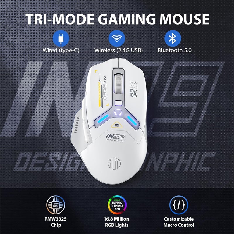 inphic IN9 Wireless Gaming Mouse, True Tri-Mode Bluetooth/Type-C Wired/2.4G Wireless Connection, 10000 DPl, Fully Programmable, RGB Backlit, for Laptop PC Mac - Image 2